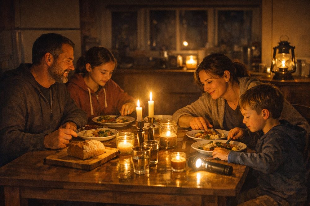 Une famille dînant à la lumière de lampes pendant une coupure de courant