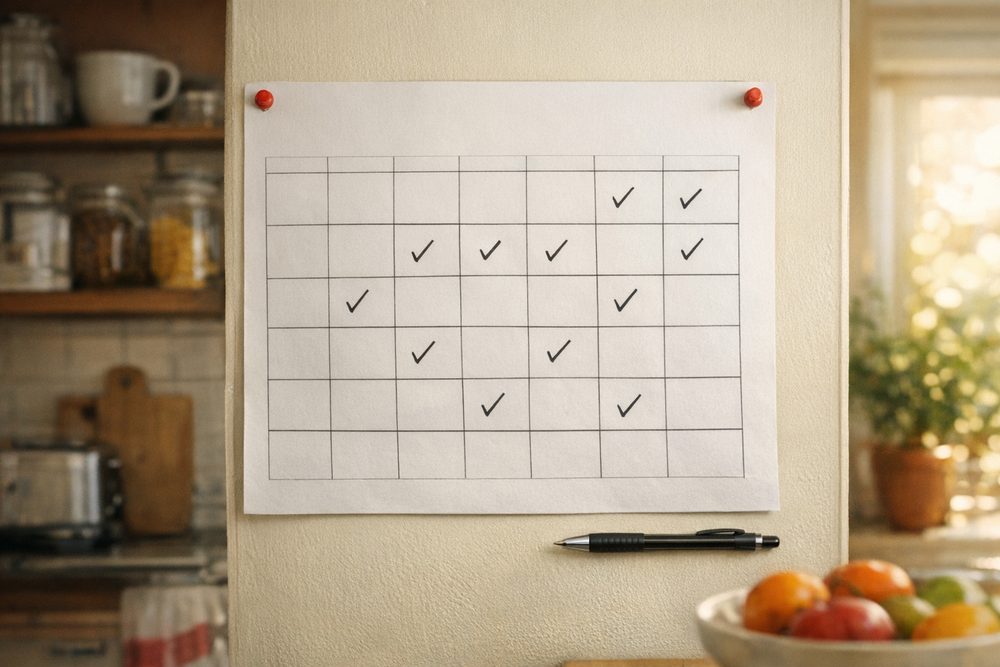 Un calendrier affiché dans une cuisine, avec des cases cochées